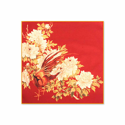手絹-雉雞牡丹（紅）35x35 cm