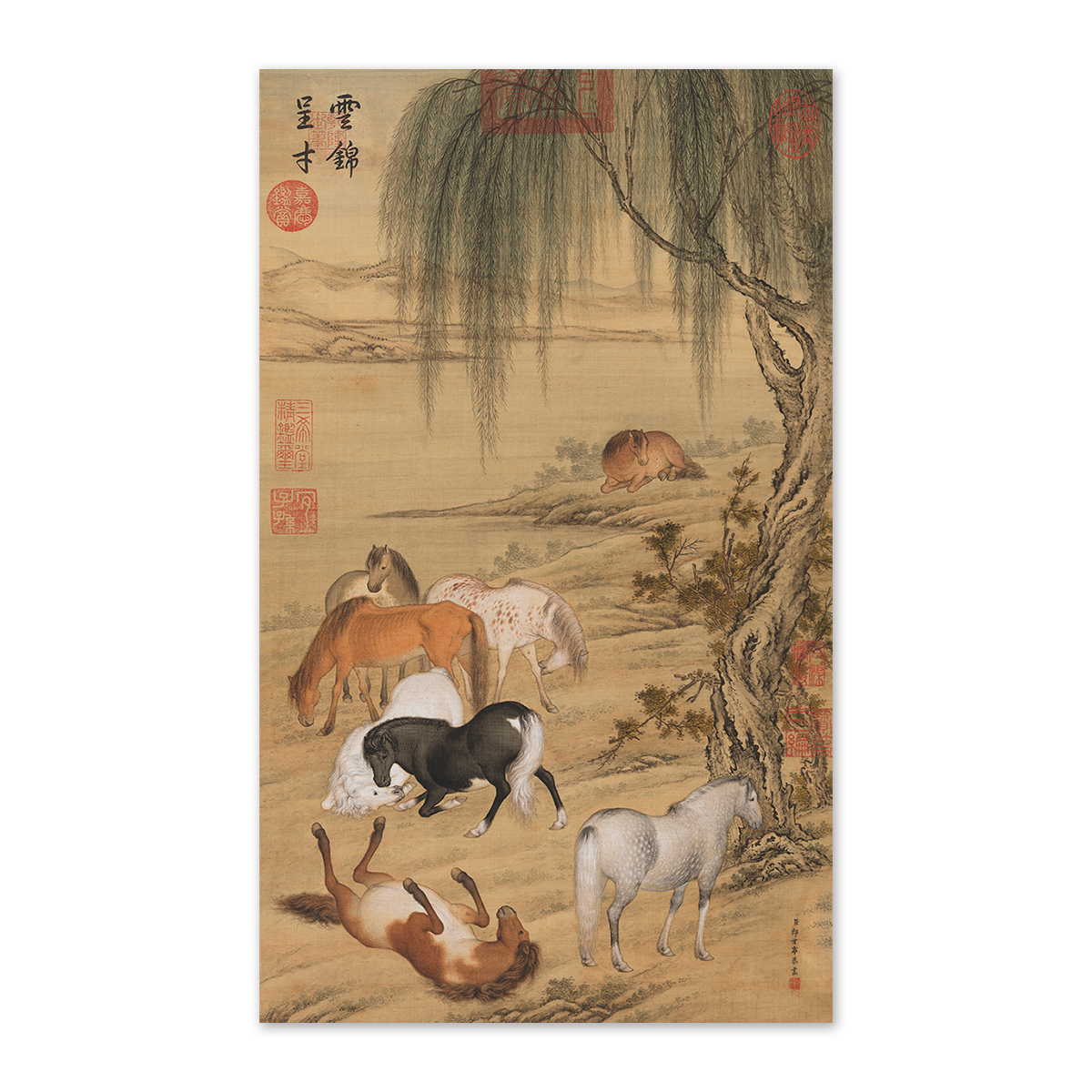 郎世寧 如意駒 四尺中堂 掛軸 173×69cm 鑑賞用 証書付 絹本装表 故宮精品網路商城- 畫心:清郎世寧雲錦呈才軸