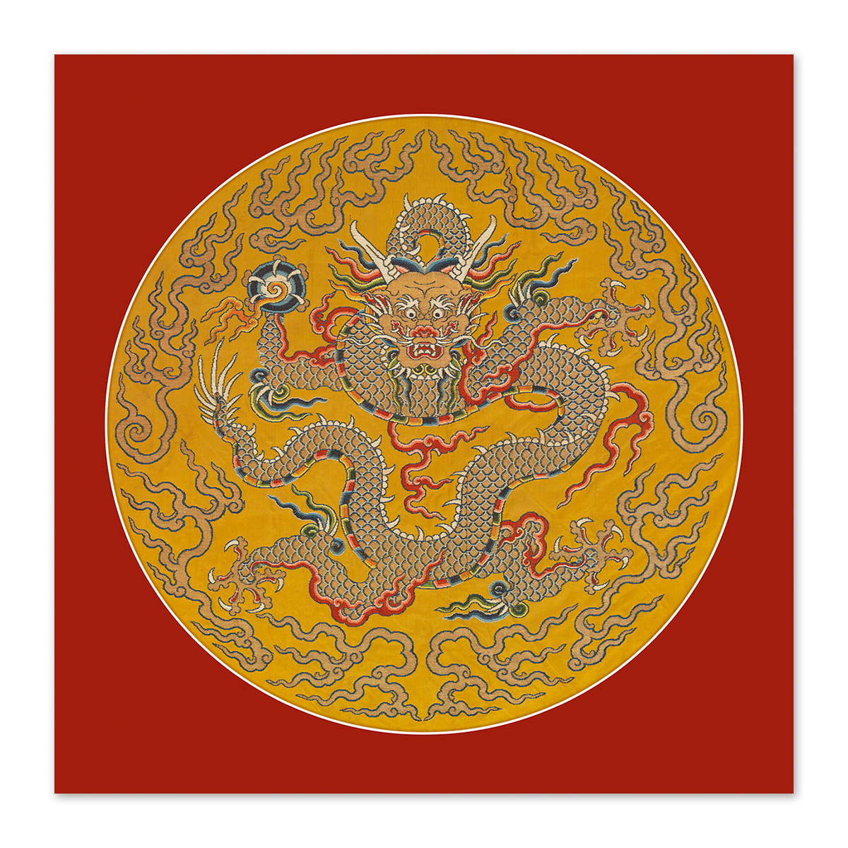 故宮精品網路商城- 畫心:黃地團龍如意雲紋織金妝花緞單枚團龍紋