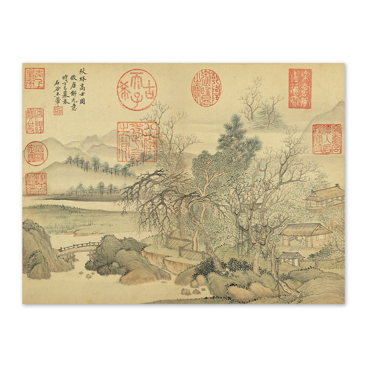 複製】明 唐寅『歩渓図』絹本掛軸 茶室掛 共箱 故宮博物院監製 山水