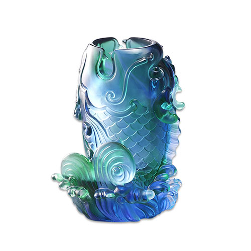 魚耀成龍筆筒　琉璃（藍綠透）