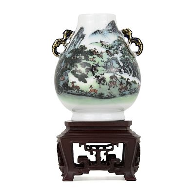 Product info: 迷你瓷器-洋彩百祿雙耳尊