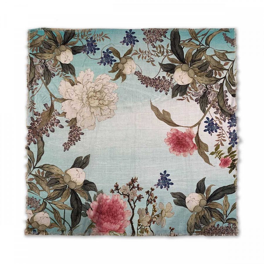 十二月花神羊毛絲巾64x64cm 湖水藍