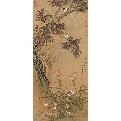 Product info: 宣彩畫 清 蔣廷錫 畫楊梅練雀