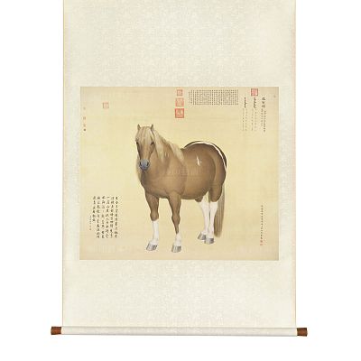 Product info: 掛軸 清 郎世寧 畫十駿圖 雪點鵰 L