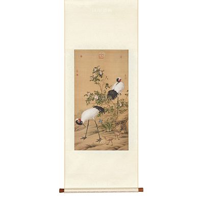 Product info: 掛軸 清 郎世寧 畫花陰雙鶴圖 S