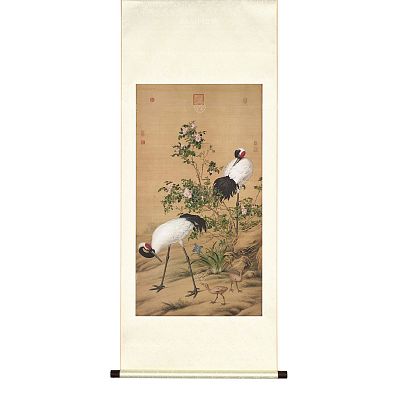 Product info: 掛軸 清 郎世寧 畫花陰雙鶴圖 M