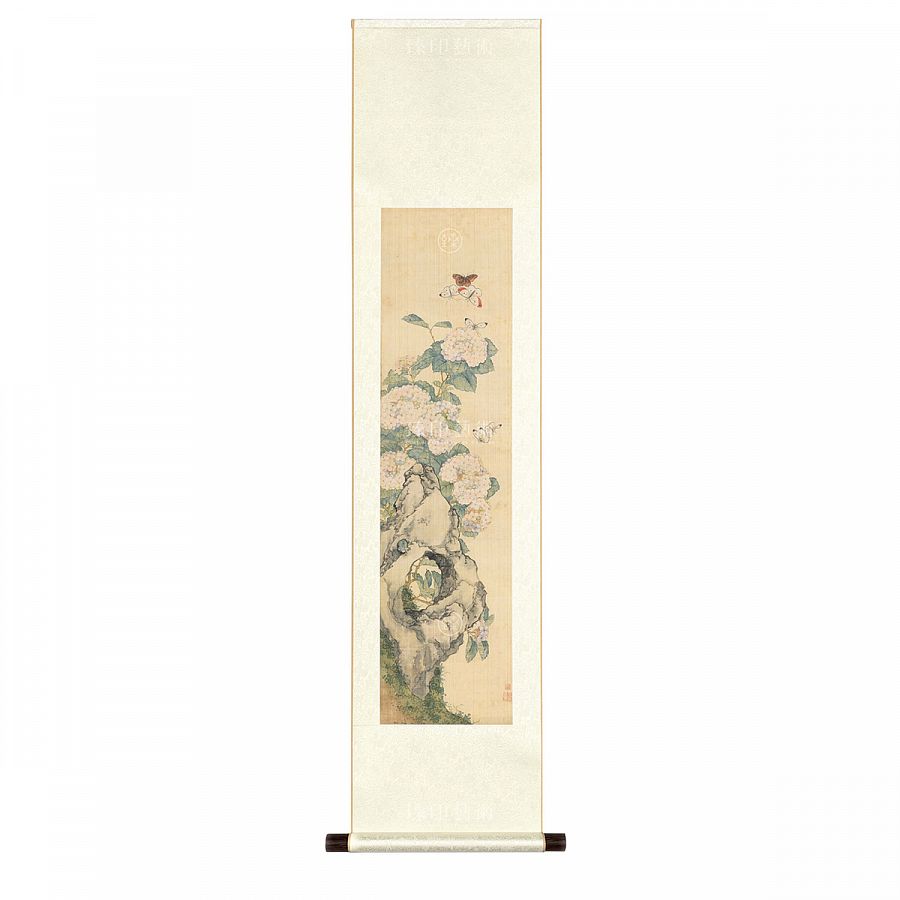 故宮精品網路商城- 掛軸清居廉花卉草蟲四屏繡球蝴蝶