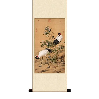 Product info: 宣彩軸 清 郎世寧 畫花陰雙鶴