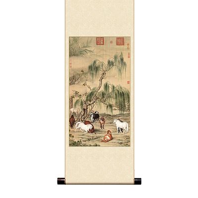 Product info: 宣彩軸 清 郎世寧 八駿圖